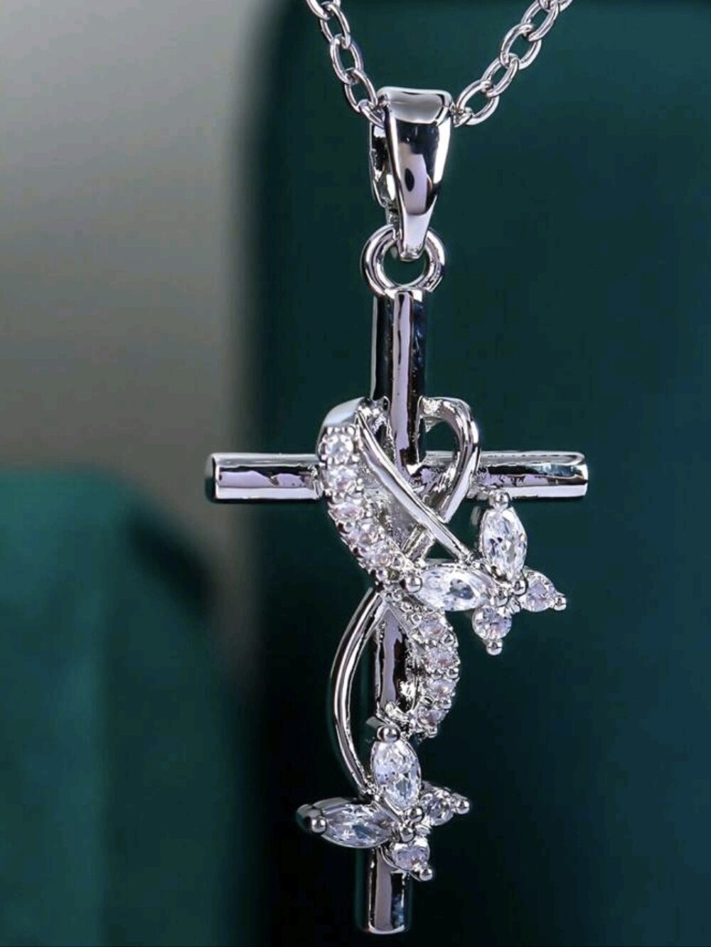 Sterling Silver Cross Pendant Necklace with Clear Crystal Accents - Silver